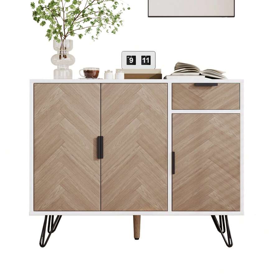 Modern Sideboard With Shelves, Adjustable Compartments - Black And Wood Effect - White and Brown - View 1