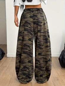 Plus Size Women's Camouflage Drawstring Wide Leg Pants, Casual Loose Long Streetwear Style - Army Green - View 4