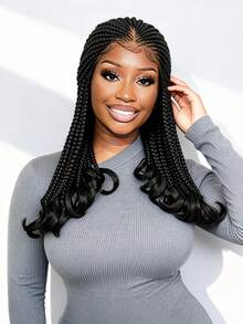 A ANYTIME Fashionable Mid-Length Braided Wig, Transparent HD Lace Box Braids, Soft Curly Ends, Realistic Scalp Lightweight Protective Braided Wig, Suitable For Daily Wear And Parties, Halloween - Multicolor - View 3