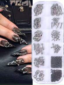 6-Grid Y2K Punk Style Alloy Nail Art Decorations, Silver Metal Gothic Rock Style Cross & Mixed Size Steel Beads DIY Nail Art Accessories, Handmade Nail Salon Supplies, Nail Rhinestones - Silver - View 4
