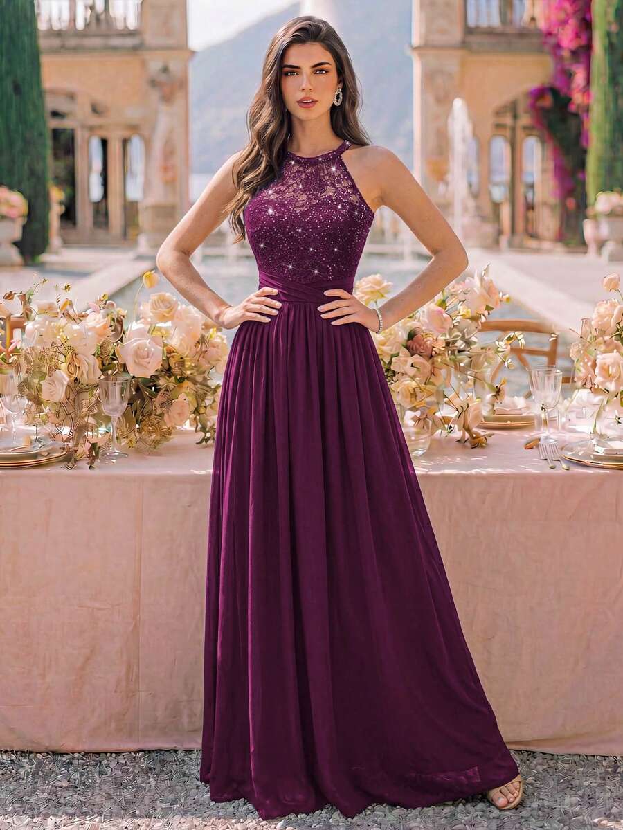MIUSOL Sequin Floral Lace Halter Neck Sleeveless Ruched Chiffon Formal Party Long Dress, Formal Evening Gown Fall Wedding - Maroon - View 1