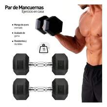Par de mancuernas hexagonales con recubrimiento de caucho 15 lb (6.8 kg), equipo negro para gimnasio y crossfit - Negro1 - Ver 4