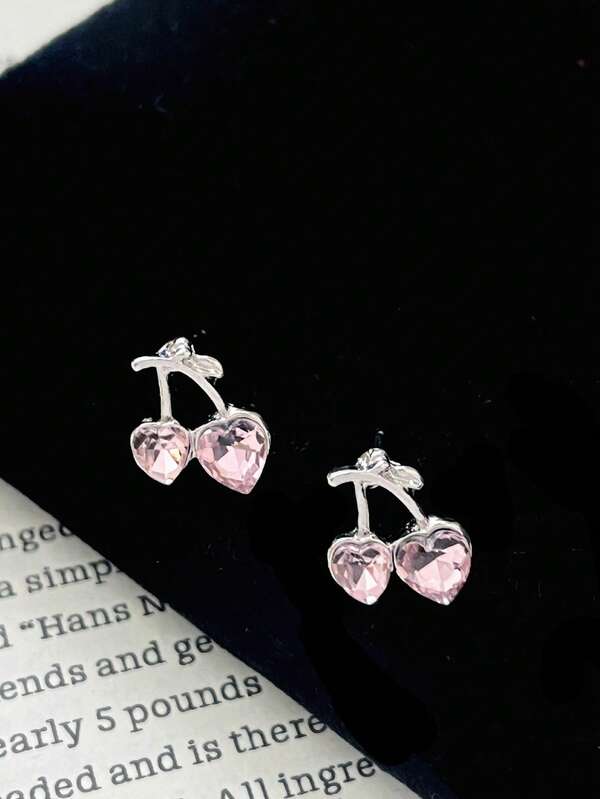 1 Pair Pink Cherry Stud Earrings For Women, Sweet Cute Petite Versatile Elegant Earrings With Delicate Niche Aesthetic