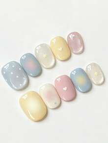 10 Peças Unhas Postiças Curtas Feitas à Mão Multicoloridas, Estilo Doce Macaron Pastel, Degradê Azul Rosa Amarelo, Poá, Padrões 3D de Coração & Estrela para Mulheres e Meninas, Uso em Festivais, Festas e Vida Diária na Primavera, Verão, Outono e Inverno - Multicolorido - Visão 2