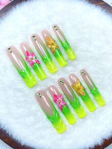 10pcs Extra Long Nude Lime Green Gradient Press On Nails,3D Sea Star,Pink Yellow Florals Tiny Green Beads Glossy Reusable Fake Nails,Suitable For Holiday Gifts,Summer Beach Vacation,Trips Parties,1 Jelly Gel & Mini Nail Rubbing Strip - Multicolor - View 12