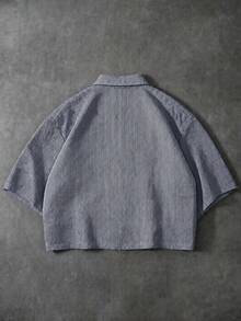 男士夏季休閒純色印花短袖襯衫，度假海灘熱帶風襯衫，日常穿著，法式優雅浪漫，父親節禮物 - 藏蓝色 - 查看 3