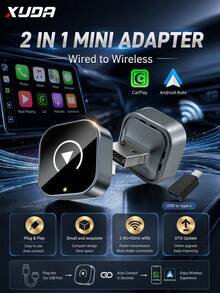 XUDA 2026 新款 2 合 1 無線 CarPlay / Android Auto 超迷你轉接器 - 2.4-5.0 GHz WiFi 5 CarPlay 轉換器，有線轉無線，快速自動連接，無延遲，緊湊設計，附 USB/USB-C 接口，無電池 - B - 查看 2