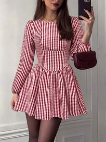 Vintage Style Backless Bow Plaid Dress - Red - View 4