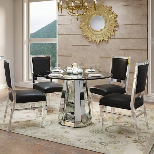 Mesa de comedor de vidrio templado redonda de estilo minimalista moderno con superficie de espejo, mesa de vidrio con base redonda, mesa de cocina, mesa de comedor