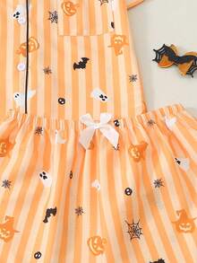 Set Piyama Wanita Motif Halloween Lengan Pendek Model Bubble Crinkle - Jeruk - View 6
