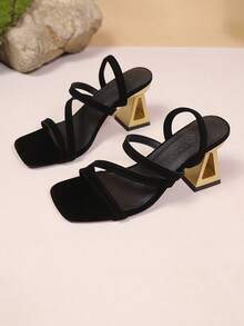 Women's Summer French Style Thin Strap Square Toe Hollow Metal Trapezoid Chunky Heel Back Strap Elegant Date Open Toe Roman Sandals - Black - View 2