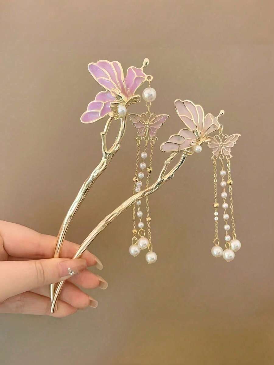 1件裝花卉印花波希米亞風鋅合金漸層蝴蝶流蘇髮簪，復古優雅後腦盤髮髮夾，漢服配件，四季通用髮箍頭飾，盤髮延伸飾品 - 彩色 - 查看 1