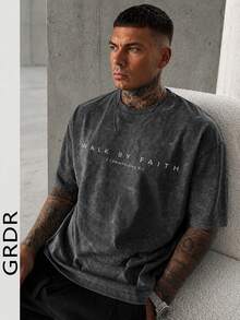 GRDR Men's Letter Print Washed Round Neck Short Sleeve T-Shirt, Comfortable & Breathable For Summer Wear - Dark Grey - View 6