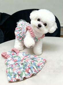 1pc Vintage Pink Floral Print Pet Dress, Ruffle Elastic Shoulder Strap Cute Dog Dress, Lightweight And Soft, Suitable For Bichon, Teddy, Schnauzer Small Dogs, Sweet Daily Walk Party Pet Outfit, With Ruched Hem Design - Multicolor - View 8