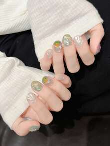 10Pcs Handmade Short Square Press On Nails Gradient Iridescent Jelly Base 3D Shell Pearl Starfish Hand Painted Goldfish Mermaid Ocean Theme Glossy Reusable False Nails Summer Beach Manicure Set For Women Girls - 彩色 - 查看 5