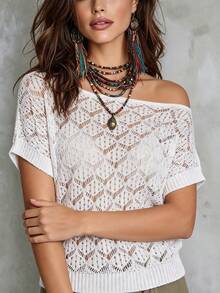 Women Casual Summer Beach Vacation Solid Color White Sloping Shoulder Hollow Out Knit Top - White - View 3