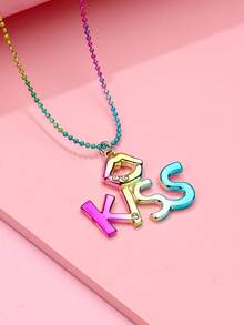 1pc Minimalist Fashion Vacuum Gradient Color Lip Letter KISS Pendant Necklace, Suitable For All Seasons/Gift/Holiday Wear For Kids - Multicolor - View 4