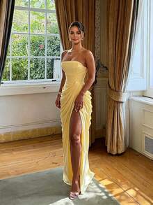 Bright Yellow Solid Color Elegant Sexy Chiffon High Slit Asymmetric Strapless Evening Dress Fall - Yellow - View 10