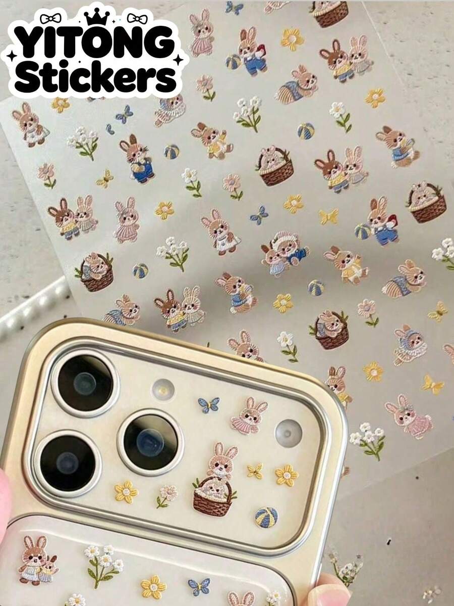 1pc Cute Bunny Embroidery Style Sticker, Flower Basket Bunny Pattern, Self-Adhesive, Waterproof & Scratch-Resistant, Universal For Phone Case / Laptop / Earphone Case, Accessory Material Decorative Sticker - 1pc YT7122 - View 1