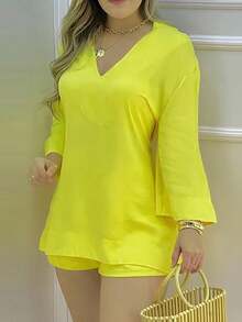 Casual Solid Color Elegant Long Sleeve Top And Shorts 2 Pieces Set For Daily Wear All Seasons - Yellow - View 2