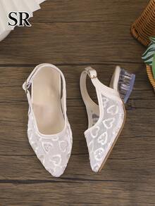 1 Pair Girls White Mesh Heart Sequin Embroidered High Heel Sandals ...