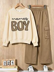 2pcs/Set Boys Outfit, Crew Neck Letter Print Sweatshirt Paired With Casual Cargo Pants, Cool & Comfortable Autumn/Winter New Boys Set - Apricot - View 5