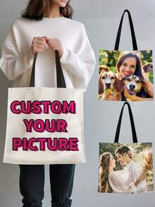 Custom Photo & Text Tote Bag – Personalized, Reusable Shoulder Shopping Bag With Foldable Design (Polyester, Assorted Colors) - Multicolor - View 5