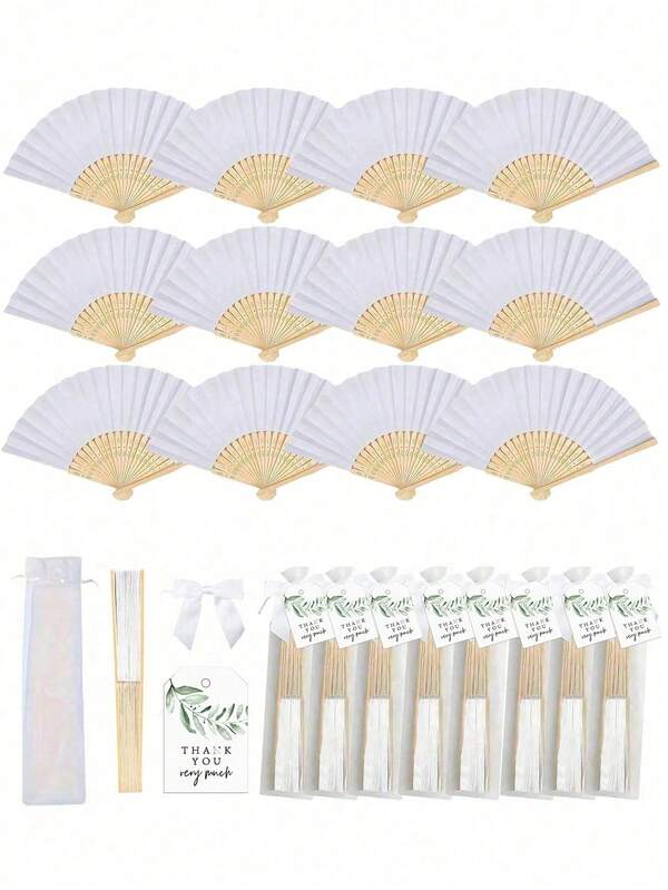 Elegant Black Folding Fan Set, Does Not Include Thank You Tags And Gift Bags, Bride Bamboo Handheld Folding Fan, Single Party Wedding Bride Party Decoration, Bridesmaid Bamboo Handheld Folding Fan, Single Party Photo Prop, Bridesmaid Gift And Wedding Decoration, Perfect Wedding Gift, Wedding Decoration, Very Suitable For Parties And Events, Perfect Summer Accessory, Women's Folding Fan