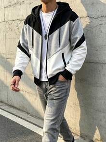 HEYKESON Men's Hooded Zip-Up Jacket, Colorblock Patchwork Drawstring Hooded Long Sleeve Casual Open Front Sweatshirt - Black - View 7