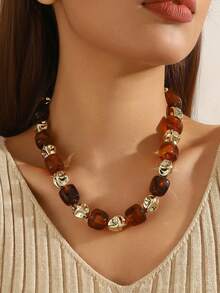 17KM 3/1pc Vintage Elegant Bohemian Resin Beaded Necklace Set, Adjustable, Suitable For Women's Daily Wear - Multicolor - View 6
