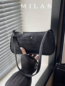 Bolso de hombro tipo baguette de unicolor con relieve de cocodrilo - Negro - Ver 3