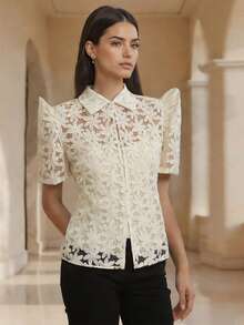 1pc Modern Filipiniana Top With Butterfly Sleeves, Button Hollow Out Short Sleeve Blouse For Women, Holiday & Vacation - Champagne - View 6