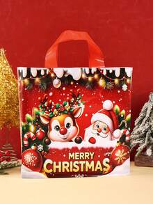 6/12pcs Christmas Plastic Tote Bags, Cartoon Reindeer & Santa Claus Pattern Reusable Gift Bags, Shiny Shopping Bags, Red Party Gift Bags, 2026 Holiday Christmas Home Decor, 2027 Christmas Gift Christmas New Year Packaging Bags - Santa Claus Elk - View 6