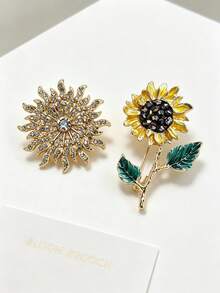 Full Rhinestone Radiating Sunflower Brooch + Oil-Drip Stem Sunflower Pair Pins, Warm Gold Vintage Suit Coat Collar Anti-Exposure Accessory - Multicolor - View 4