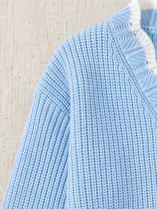 Preppy White Contrast Trim Knit Cardigan, V-Neck Heart Button Patch Pocket Short Jacket, Autumn Thanksgiving Streetwear - Blue - View 8