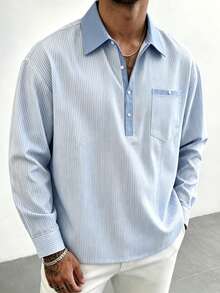 Men's Fine Striped Henley Collar Pullover Polo Shirt, Versatile For Spring And Autumn - Blue - View 1