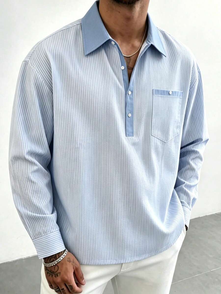 Men's Fine Striped Henley Collar Pullover Polo Shirt, Versatile For Spring And Autumn - Blue - View 1