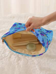 1 pieza Bolsa de almacenamiento de cosméticos portátil, bolsa de maquillaje con cremallera de viaje con estampado de elementos de tortuga y océano de doble cara, organizador multifuncional de artículos de tocador - Multicolor - Ver 2