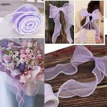 1 Roll 2.5 Yards/5 Yards Faux Pearl Decorated Mesh Ribbon, Decorative Ribbon For Clothing, Bows, DIY, Gift Boxes And Bouquets, Floral Packaging Ribbon - Purple - View 9