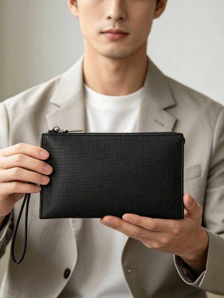 HOVI'S 極簡基本款大容量手拿包,商務休閒便攜雙隔層手機包,腕帶包,男士手拿包 - 黑色 - 查看 1