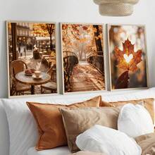 3 piezas de arte de pared en lienzo de tonos cálidos y neutros de otoño, impresiones de paisaje otoñal con café de París, puente de madera, corazón y hoja de arce, decoración acogedora estilo cottagecore para sala de estar, dormitorio, cocina, dormitorio universitario, pasillo, decoración vintage de otoño para el hogar, pósteres, sin marco - 840 - Ver 6
