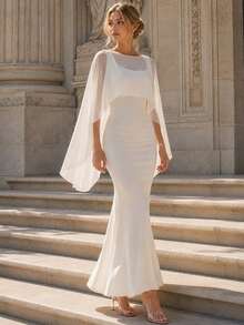 Perirose Elegant Women's Long Dress, Cape Sleeve Square Neck Solid Color Flowy Chiffon - White - View 6