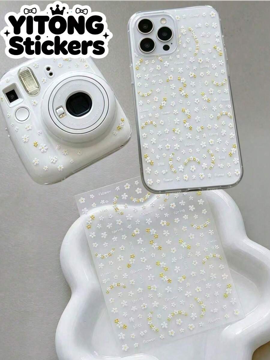 1pc Cream White Small Gold Dot Daisy Floral Embossed Decorative Sticker, Waterproof Self-Adhesive No Residue, Spring Fresh Full Coverage Small Flower Sticker For Camera Phone Case, Gentle Korean Style Shell Decoration Sticker For Personal Belongings - Cute Little Flowers - View 1