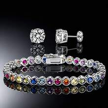 2pcs/Set 18K White Gold Plated Jewelry Set, 4mm Round Bezel Colorful Cubic Zirconia Tennis Bracelet And 6mm Stud Earrings, Women's Style, Suitable For Wedding Anniversary - White - View 12