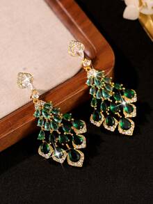 1 Pair Gorgeous Gradient Green Zirconia Peacock Tail Shaped Long Pendant Earrings, Eye-Catching Jewelry, Suitable For Banquet, Wedding, Party, Ball And Birthday Gift - Green - View 7