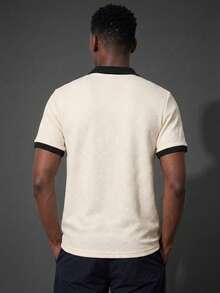 Camvyn Men's Solid Color Jacquard Patchwork Slim Fit Regular Shoulder Airplane Collar Short Sleeve Polo Shirt - Apricot - View 3