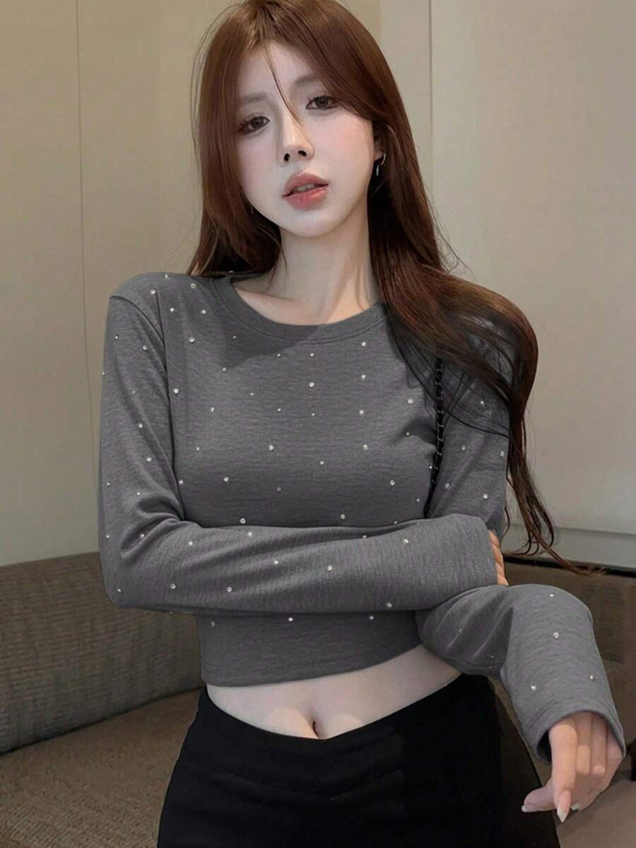 女款秋季圓領長袖修身休閒T恤 - 深灰色 - 查看 1