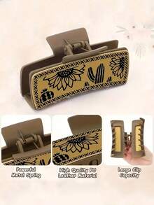 4pcs Western Cowboy Style Bull Head Cactus PU Leather Women's Hair Clips, Bull Head Square Claw Clips With Print, Women's Hair Accessories - Multicolor - View 3