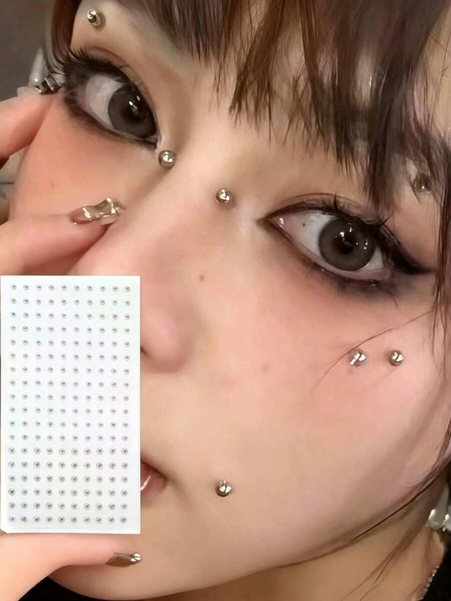 1/2/4/6/10 Sets Waterproof Faux Piercing Jewelry, 180pcs Total, Including Self-Adhesive Lip Rings, Eyebrow Rings, Nose Rings And Belly Button Jewelry, Back To School, Face Rhinestone Sticker Set - 彩色 - 查看 1