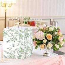 6/12/24Pcs Botanical Toile Print Paper Gift Bags, Green & Blue Floral Bird Pattern Flat Bottom Tote Bags With White Twisted Handles For Wedding, Birthday, BabyShower, Bridal Shower, Mother's Day, Garden Party Gift Packaging - View 4